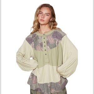 POL Pistachio and Cream Patchwork Knit Henley Top